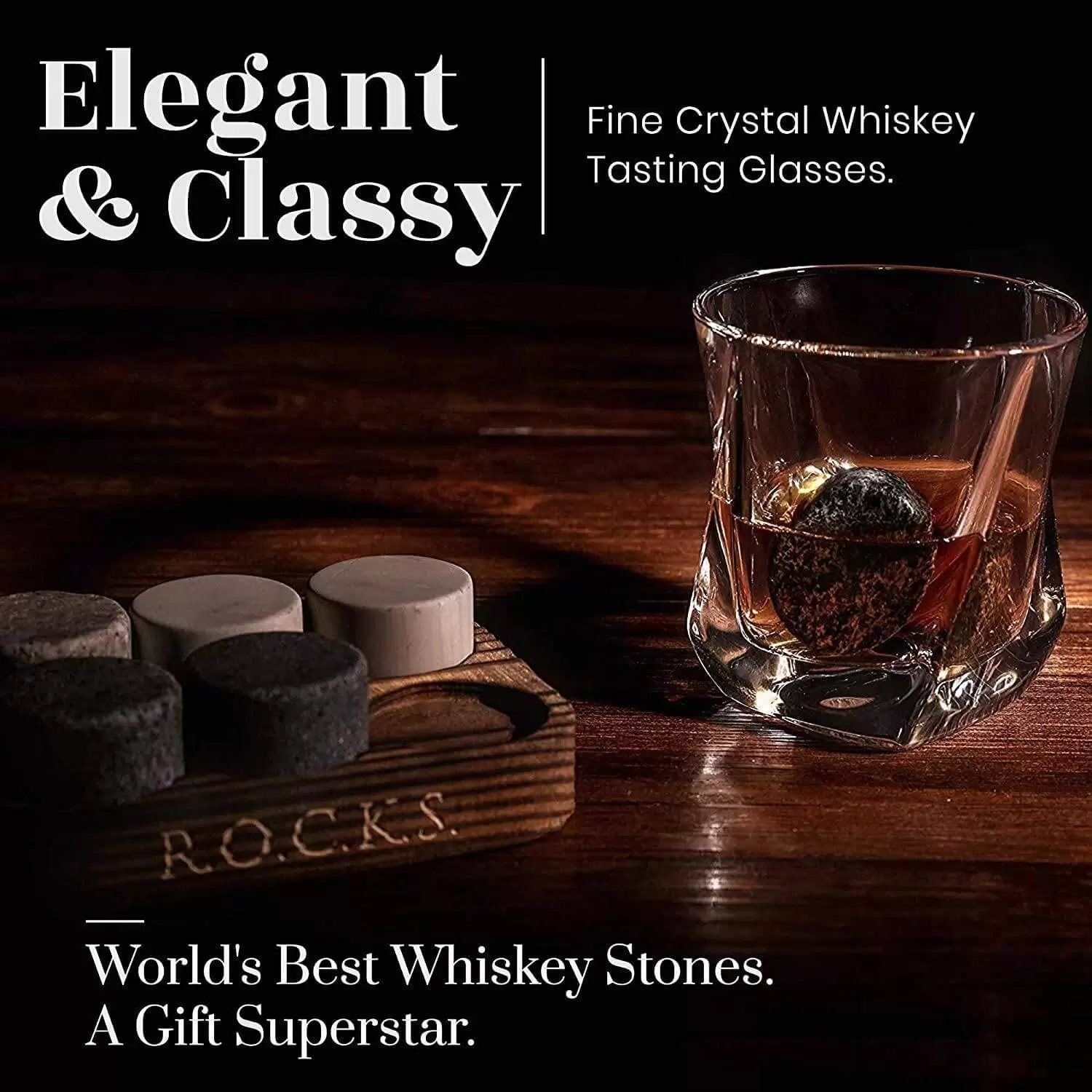 Whiskey Chilling Stones Gift Set - 6 handcrafted stones and 2 glasses - 2788